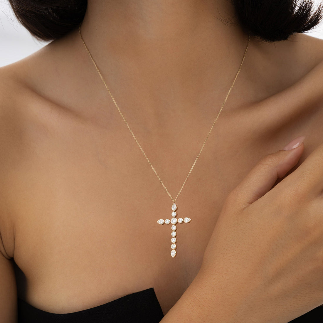 Round and Pear MIx Shape Diamond Cross Necklace