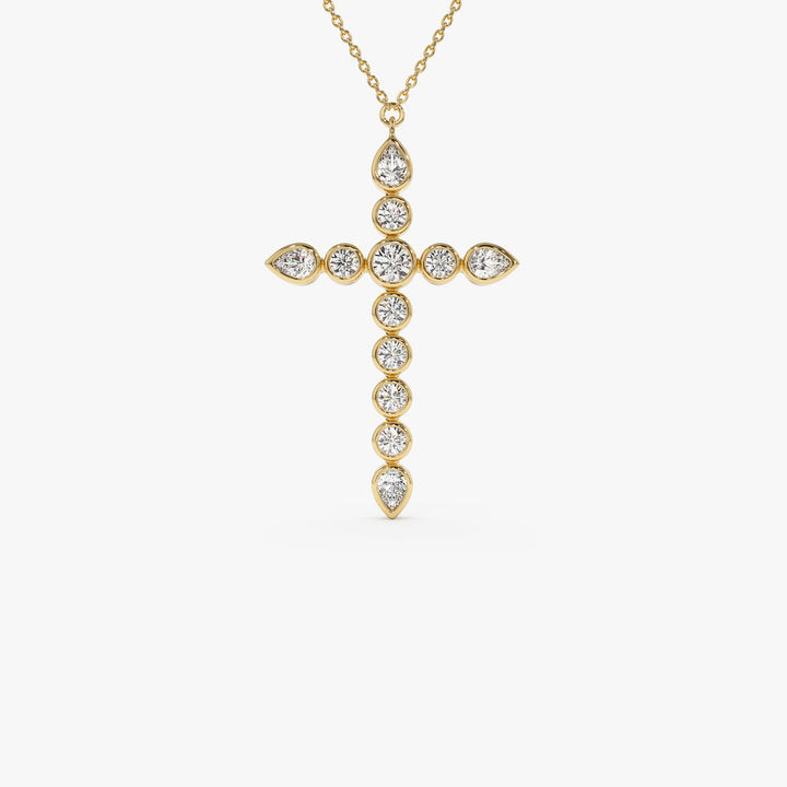 Round and Pear MIx Shape Diamond Cross Necklace