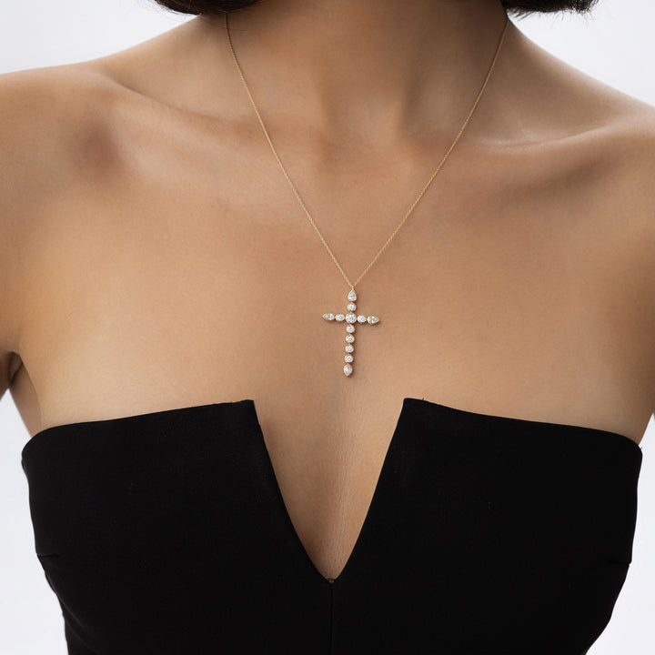 Round and Pear MIx Shape Diamond Cross Necklace
