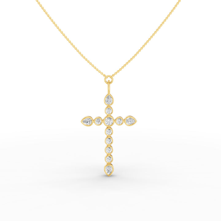 Round and Pear MIx Shape Diamond Cross Necklace
