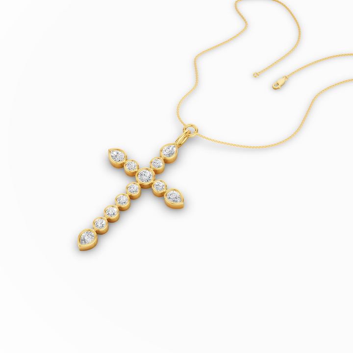 Round and Pear MIx Shape Diamond Cross Necklace