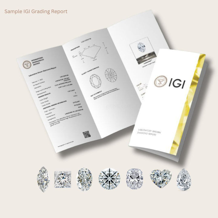 Sample IGI lab grown diamond grading report with assorted diamond shapes