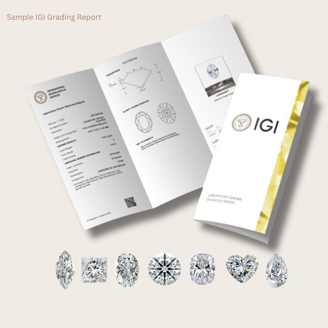 Sample IGI lab grown diamond grading report with assorted diamond shapes