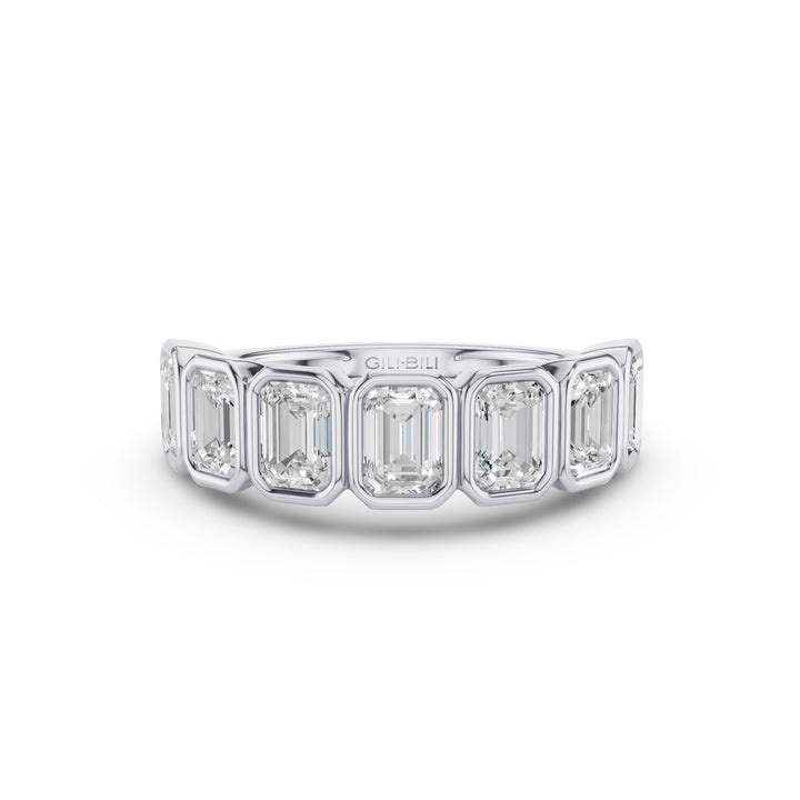 Seven Stone Emerald Cut Lab Grown Diamond Bezel Setting Wedding Ring