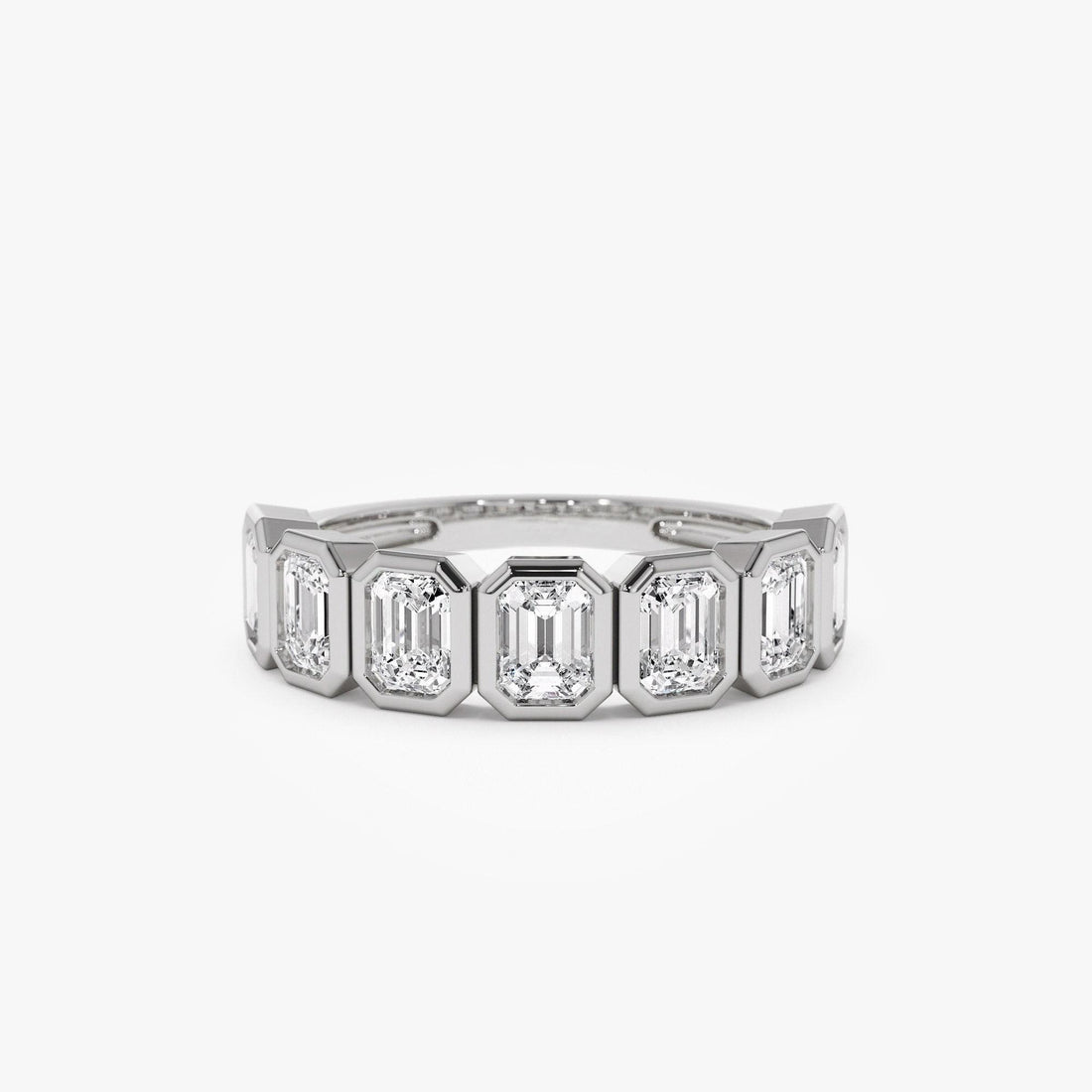 Seven Stone Emerald Cut Lab Grown Diamond Bezel Setting Wedding Ring