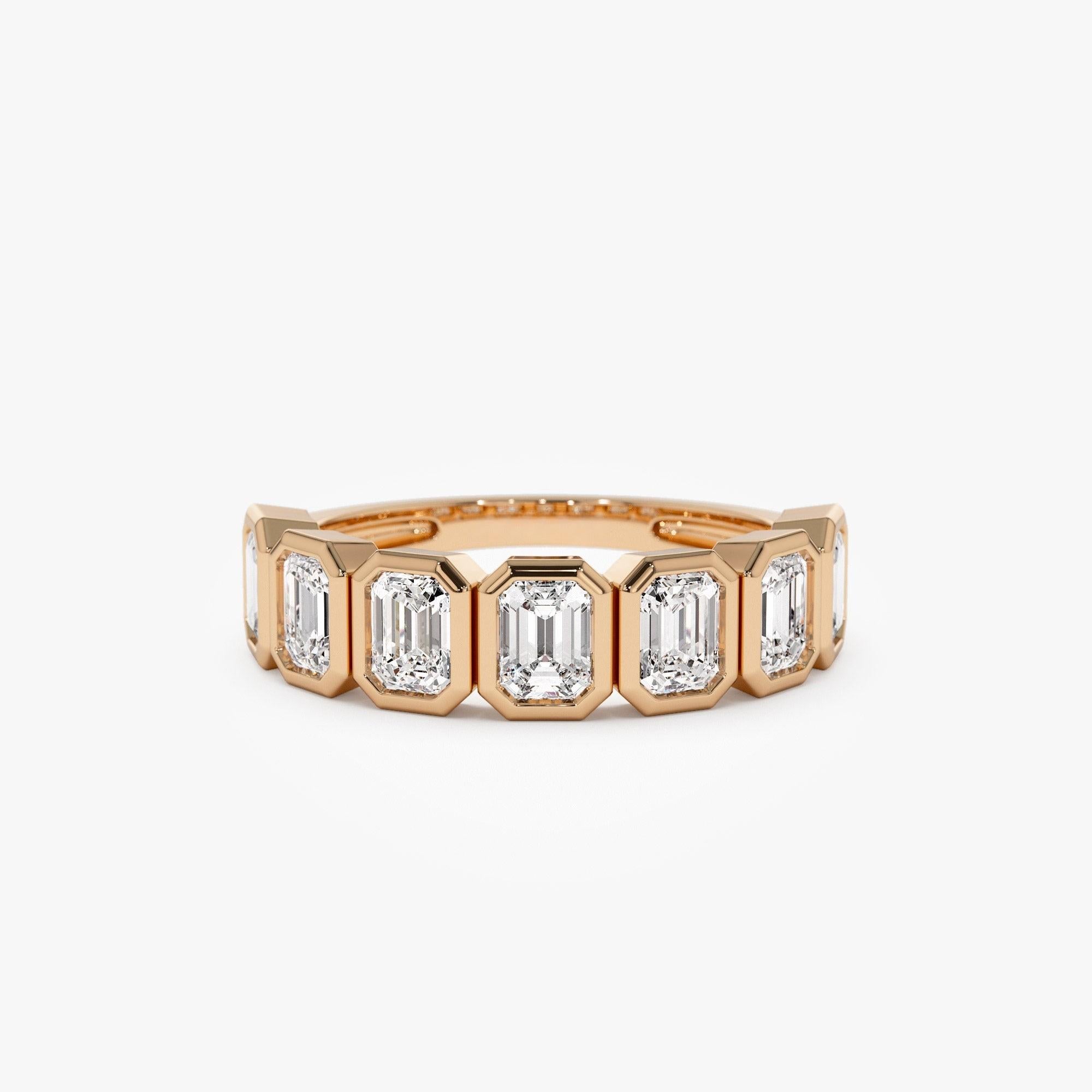 Seven Stone Emerald Cut Lab Grown Diamond Bezel Setting Wedding Ring