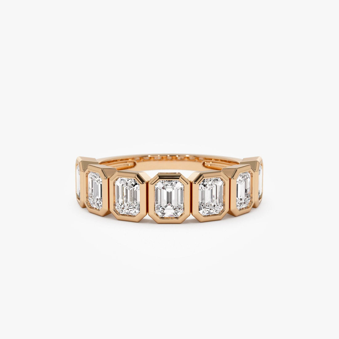 Seven Stone Emerald Cut Lab Grown Diamond Bezel Setting Wedding Ring