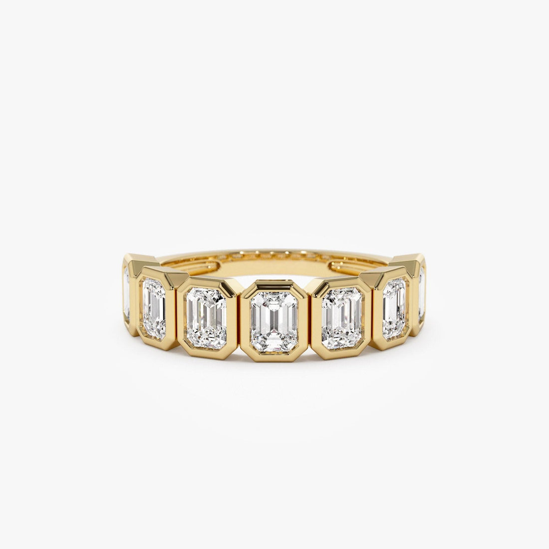 Seven Stone Emerald Cut Lab Grown Diamond Bezel Setting Wedding Ring