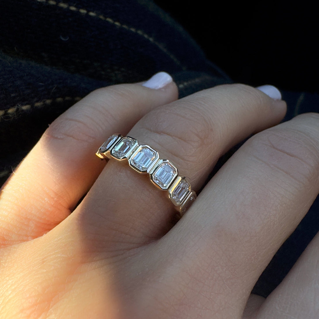Seven Stone Emerald Cut Lab Grown Diamond Bezel Setting Wedding Ring