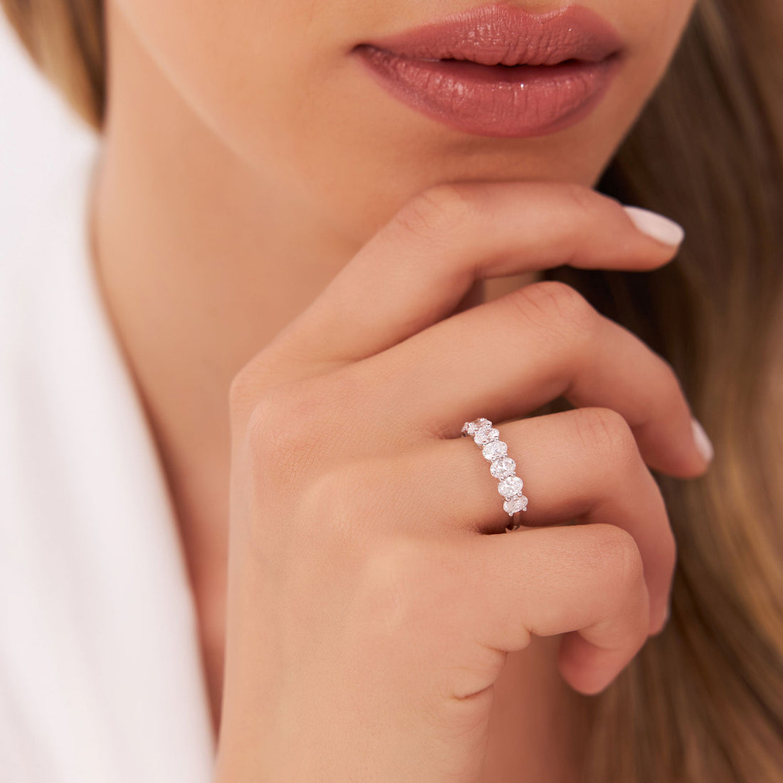 Shared Prong Set Oval Cut Half Eternity Wedding Band