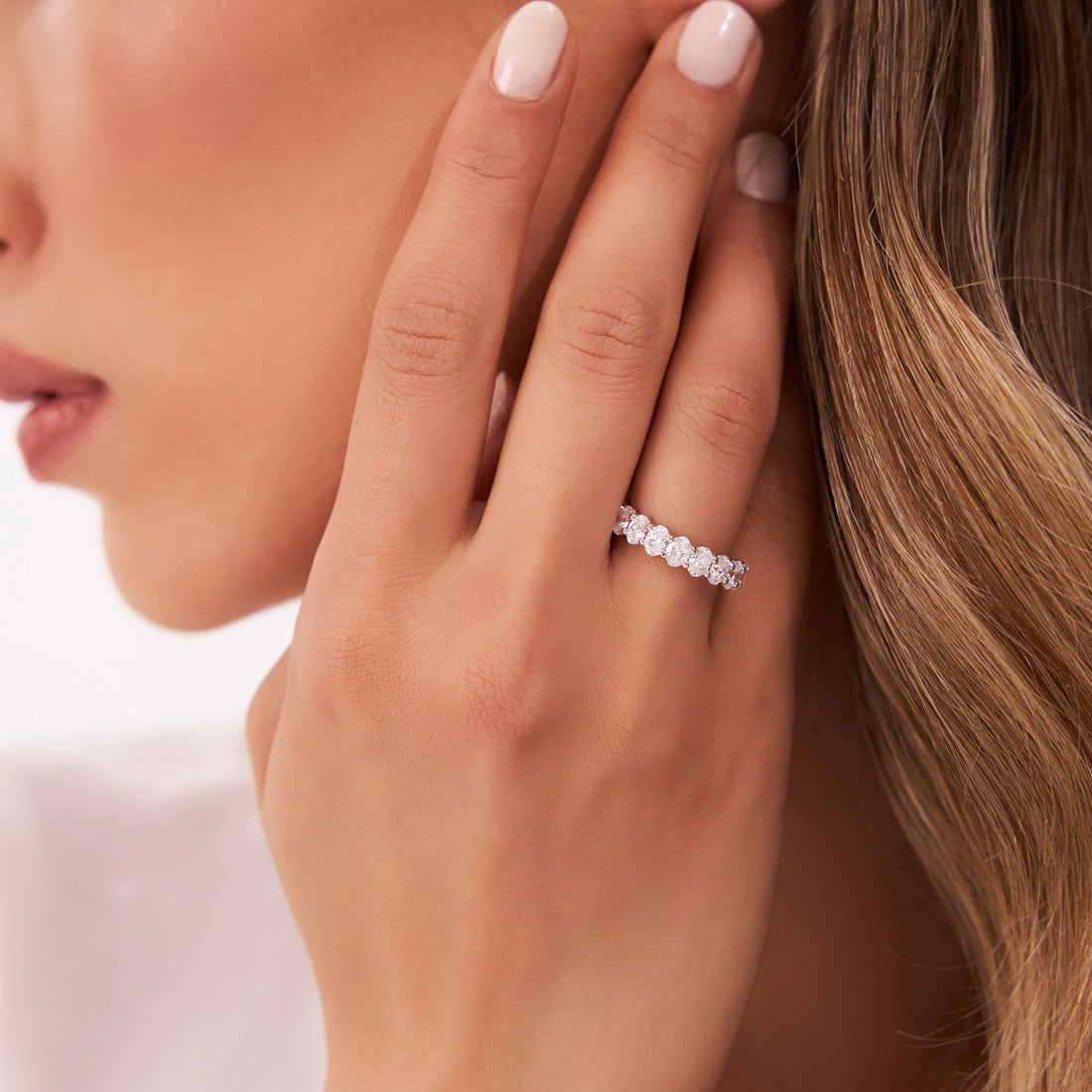 Shared Prong Set Oval Cut Half Eternity Wedding Band