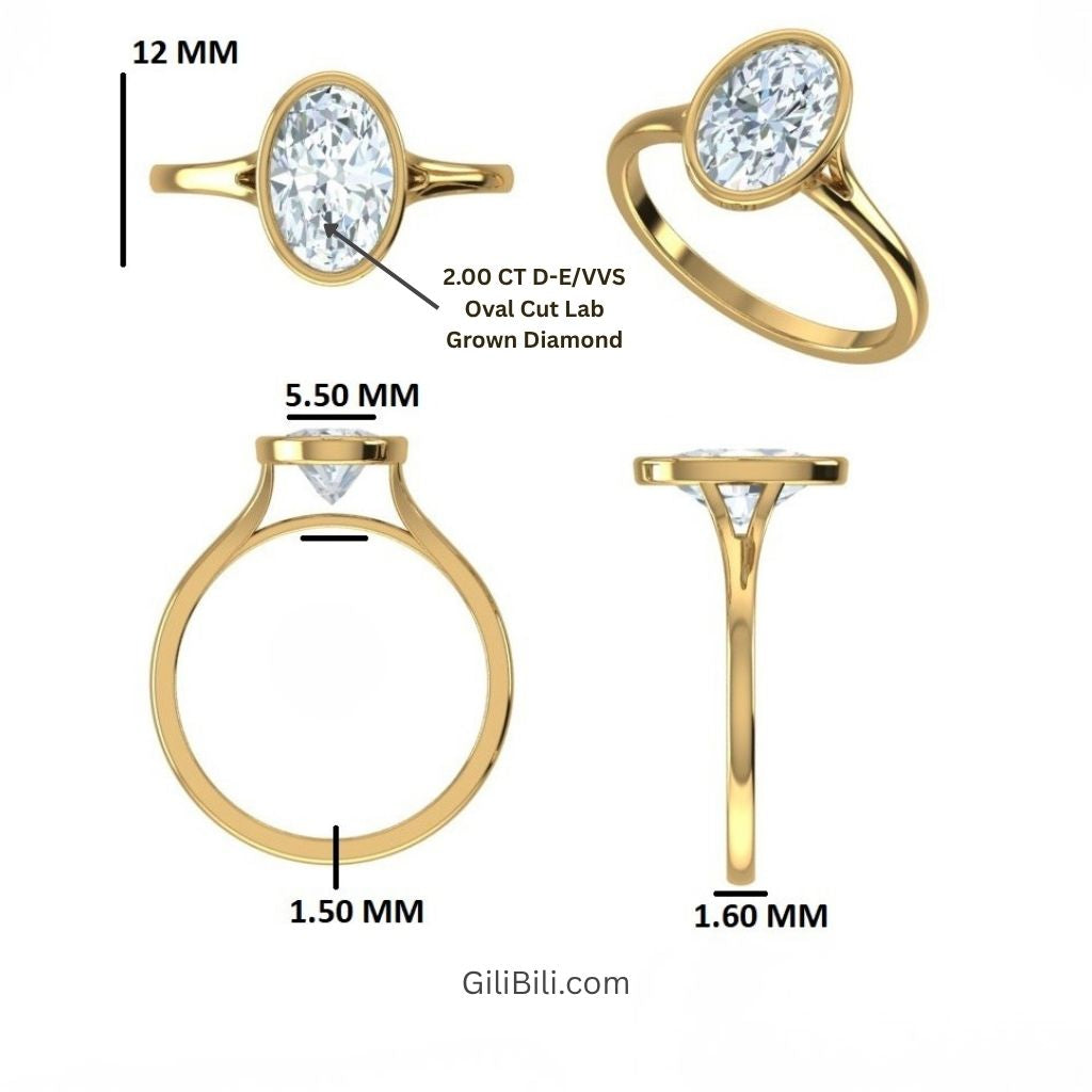 Gold ring with an oval-cut lab-grown diamond, shown from multiple angles with millimeter size measurements and a label pointing to the diamond.