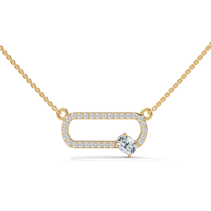 Gold necklace with a diamond pendant on a white background