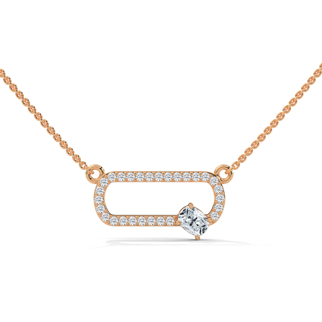 Rose gold necklace with a diamond pendant on a white background