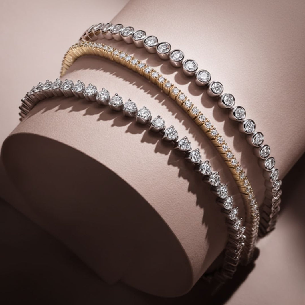 Lab-created diamond in Tennis Bracelet with bezel, three prongs, and 4 prong setting