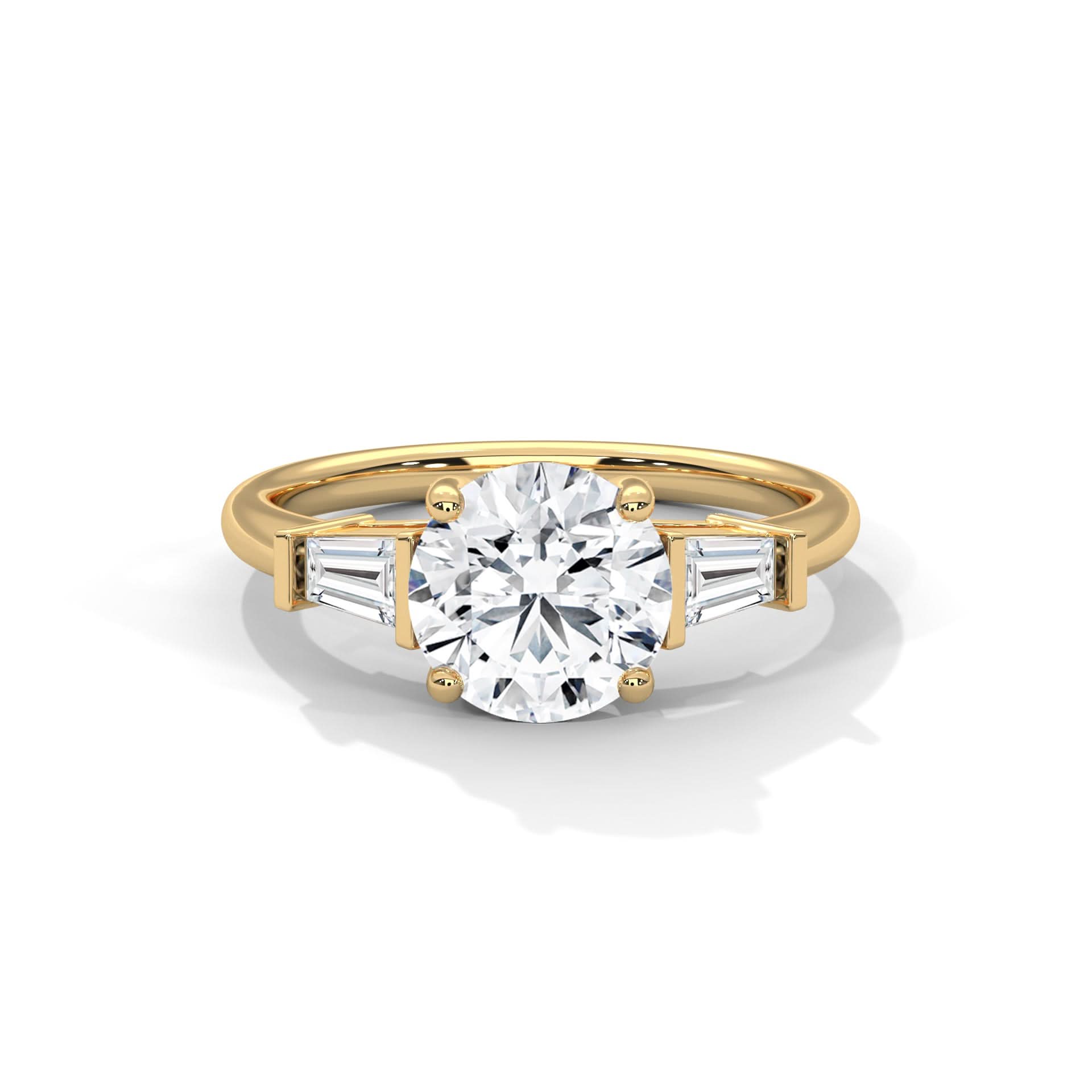 Gold ring with a large diamond and smaller diamonds on the sides on a white background