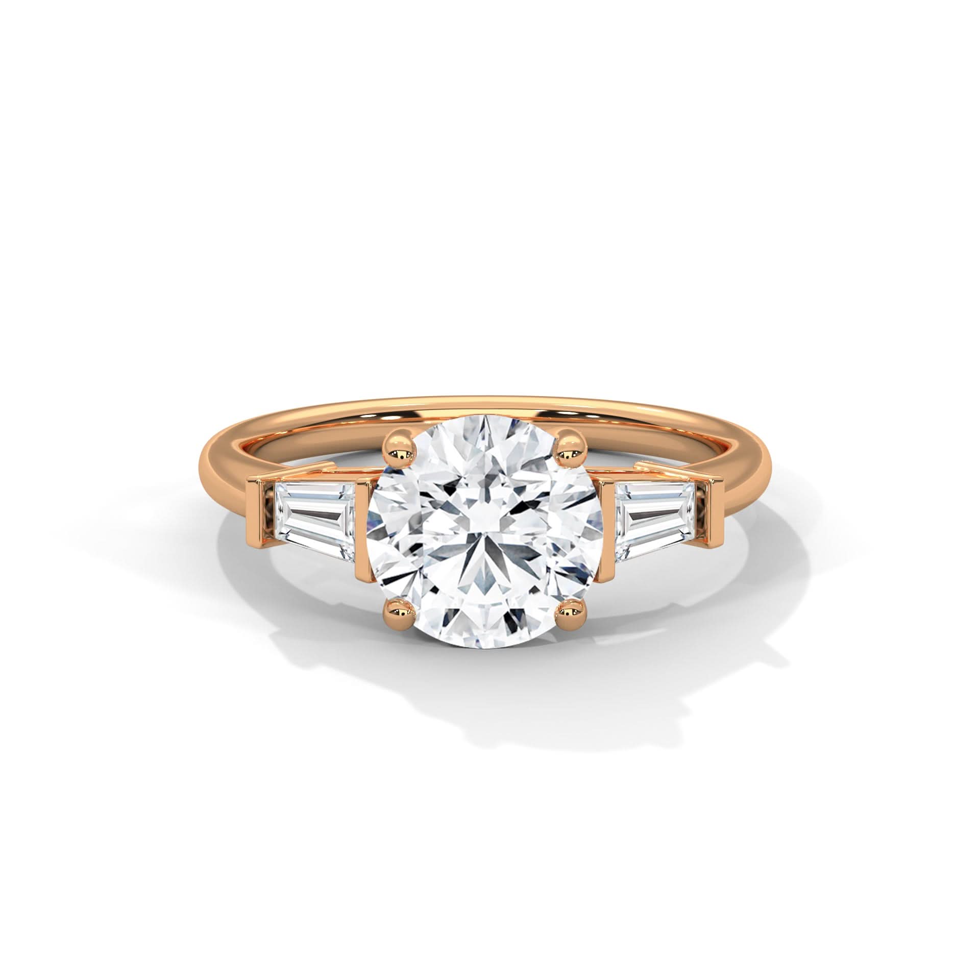 Rose gold ring with a round diamond and triangle-cut side stones on a white background