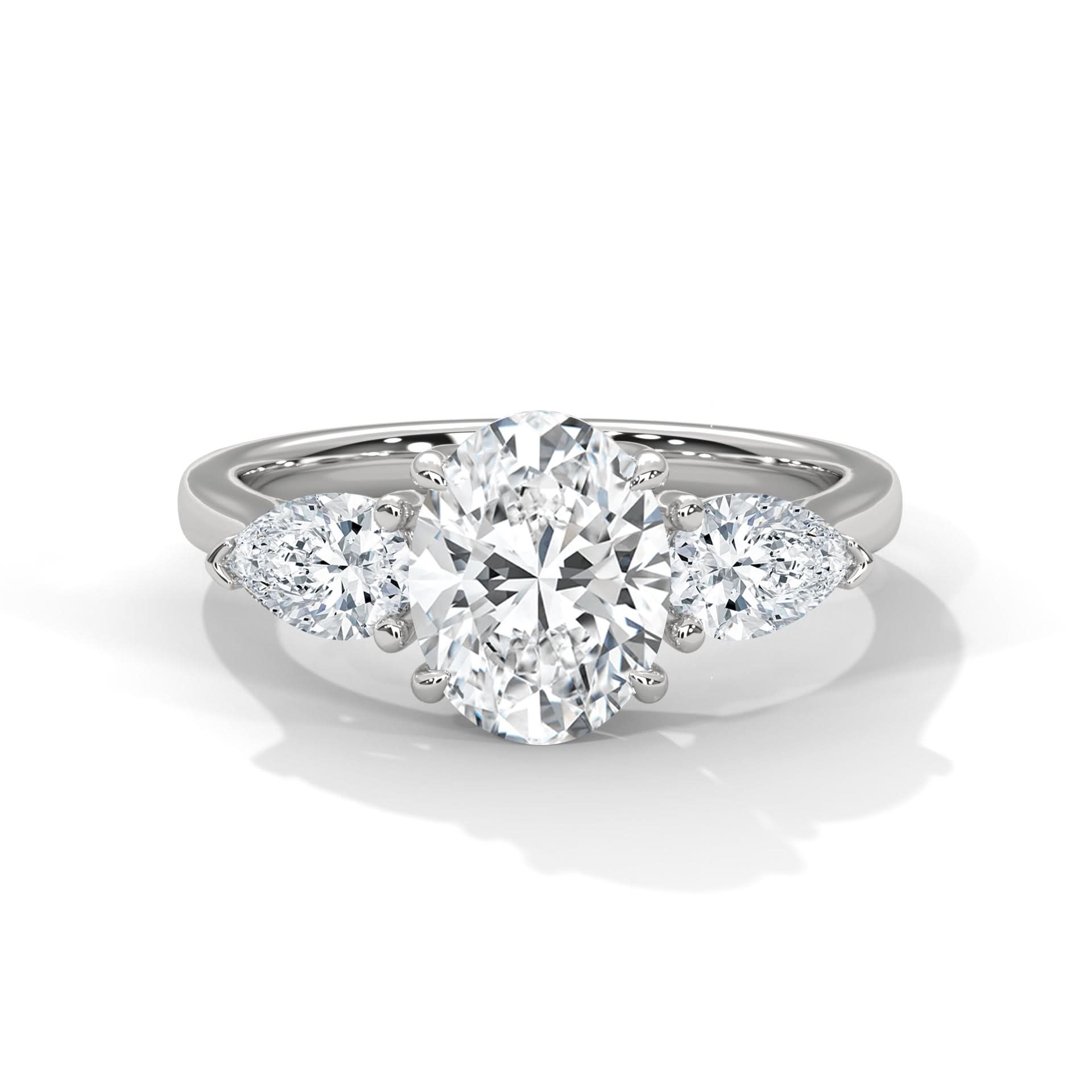 Diamond ring with Oval shaped center stone on a white background