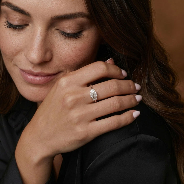Three Stone Emerald Cut Lab Grown Diamond Engagement Ring