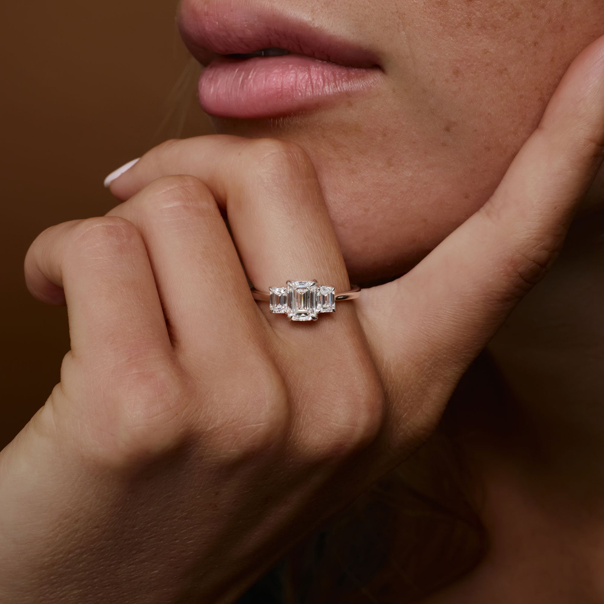 Three Stone Emerald Cut Lab Grown Diamond Engagement Ring