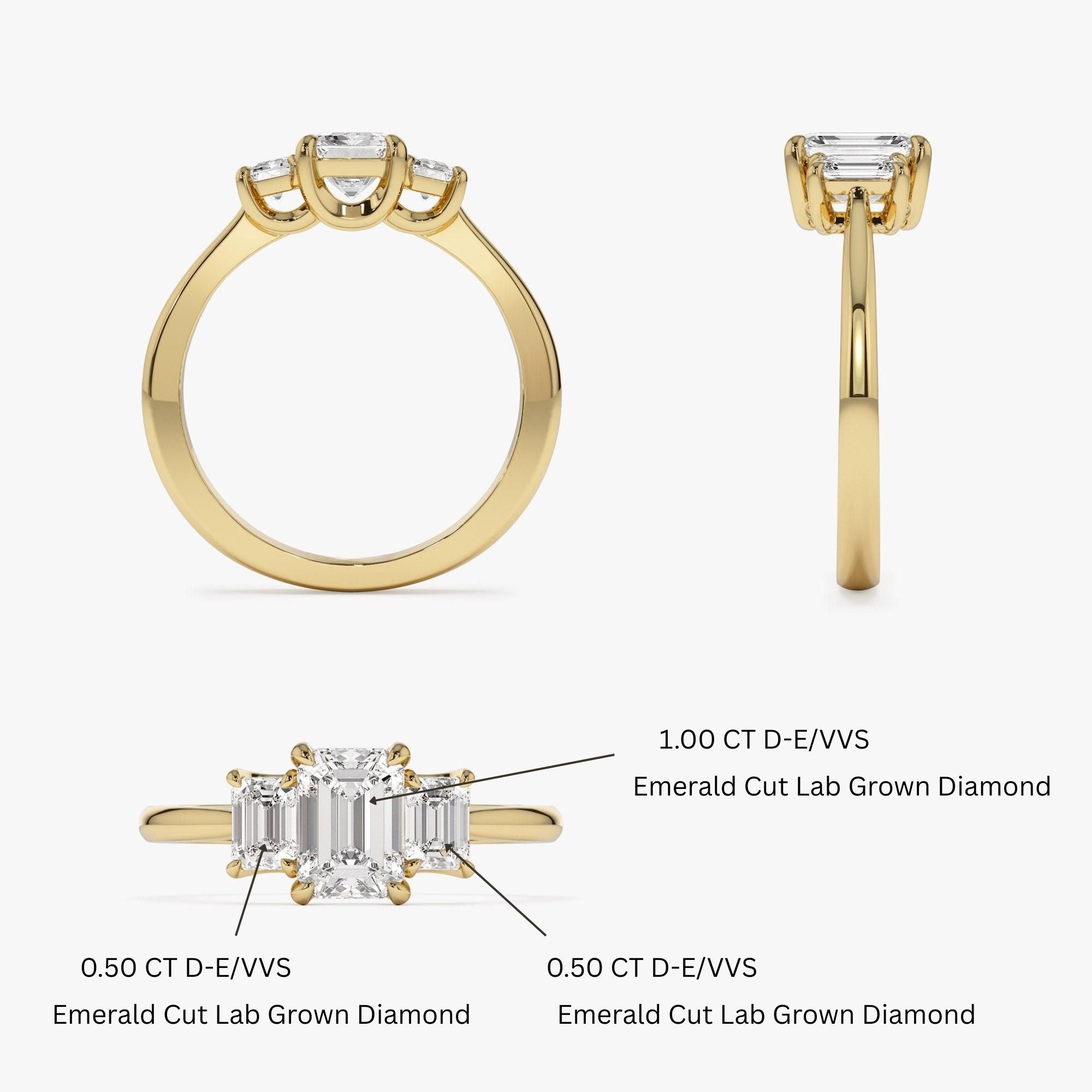 Three Stone Emerald Cut Lab Grown Diamond Engagement Ring