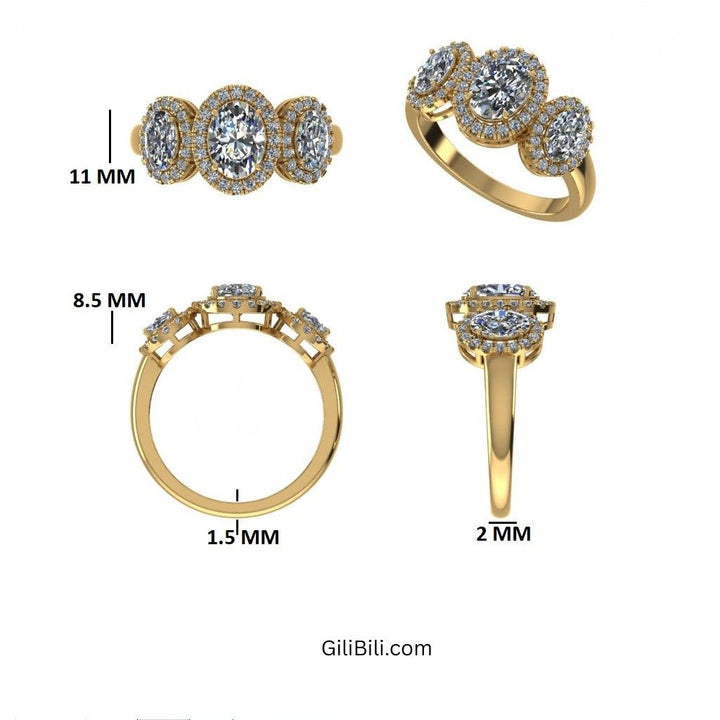 Three Stone Halo Oval Lab Grown Engagement Ring