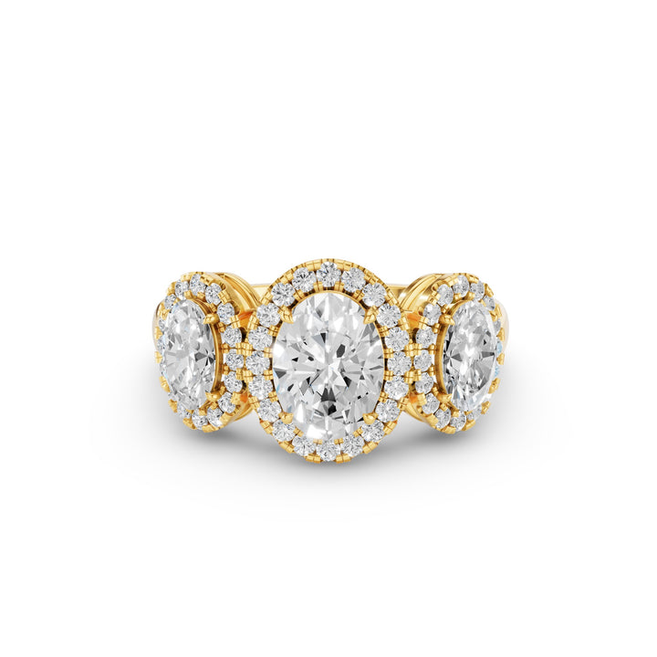 Three Stone Halo Oval Lab Grown Engagement Ring