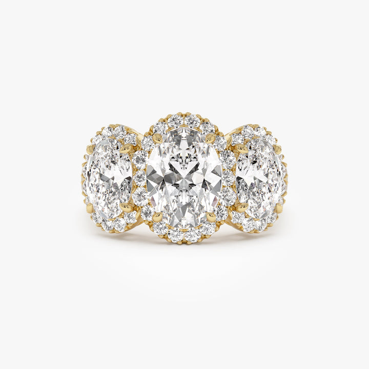 Three Stone Halo Oval Lab Grown Engagement Ring