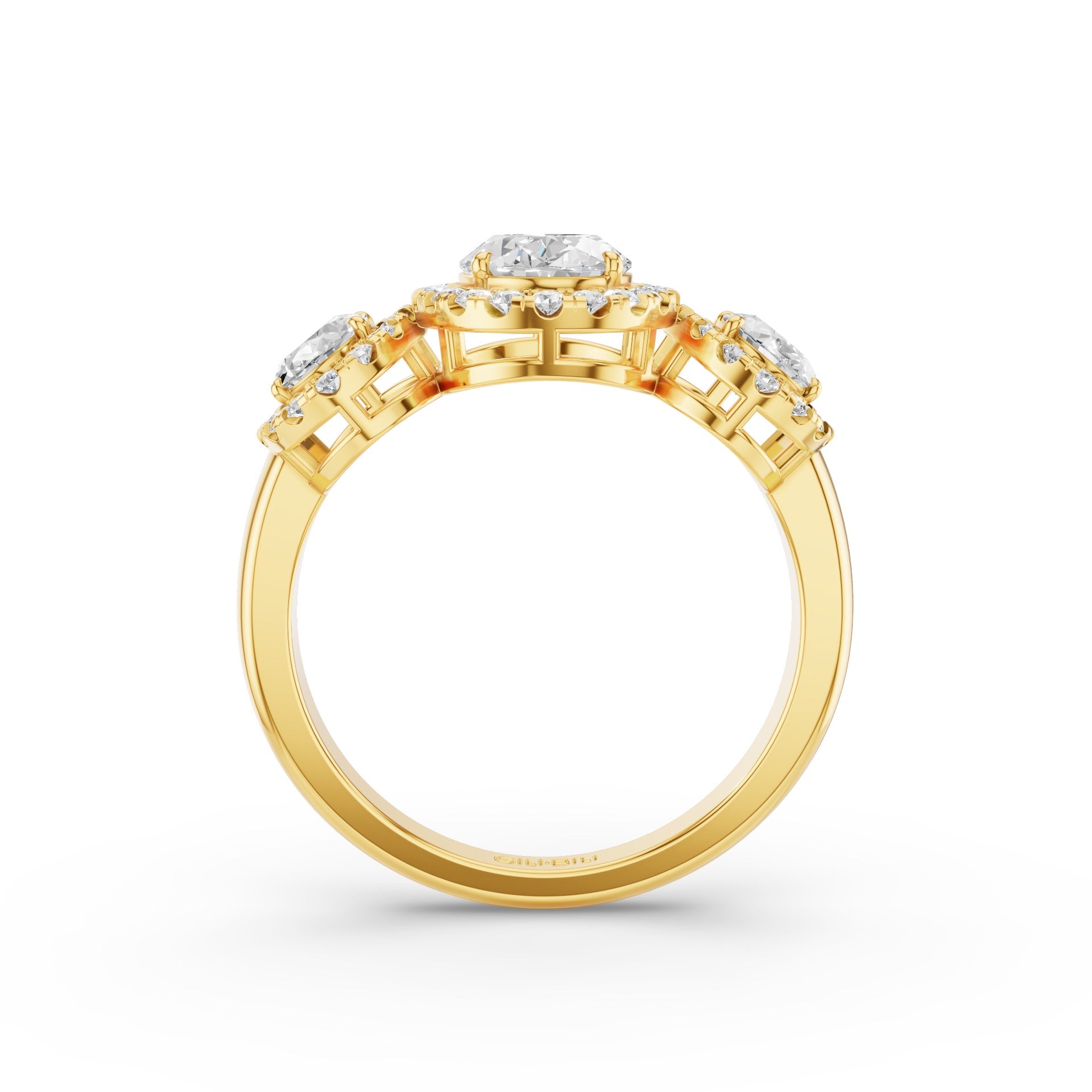 Three Stone Halo Oval Lab Grown Engagement Ring