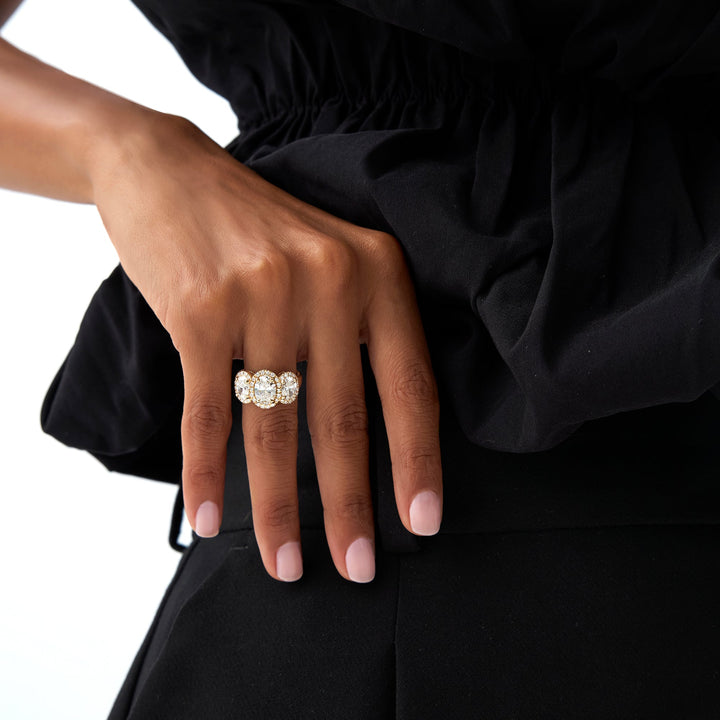 Three Stone Halo Oval Lab Grown Engagement Ring