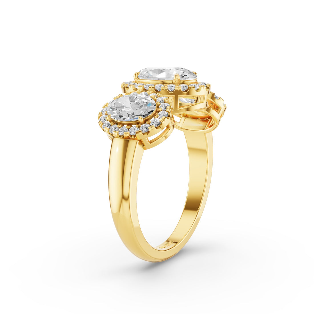 Three Stone Halo Oval Lab Grown Engagement Ring