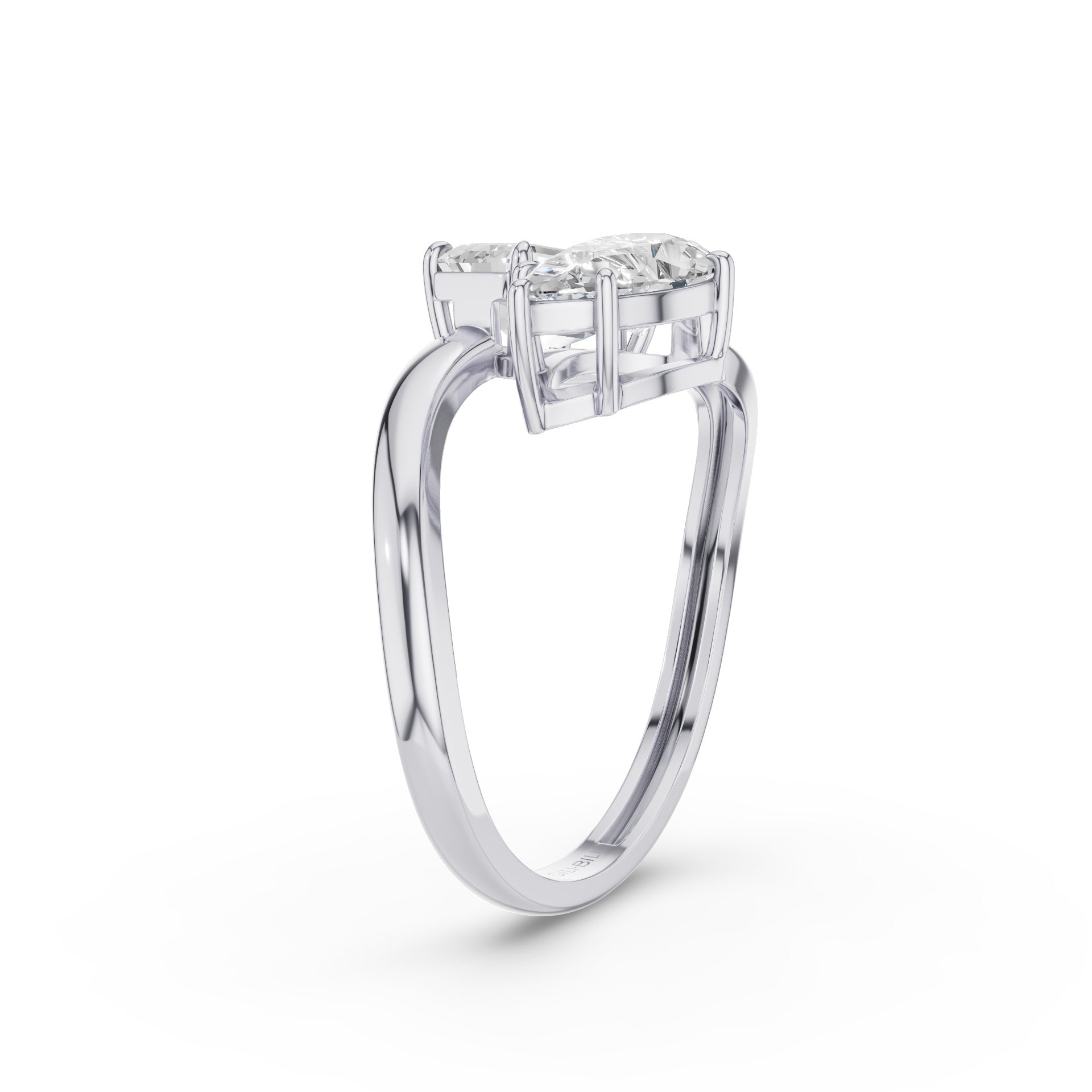 A silver-toned diamond ring with a three-stone cluster setting, featuring a marquise-cut center stone and round side stones, shown on a clean white background.