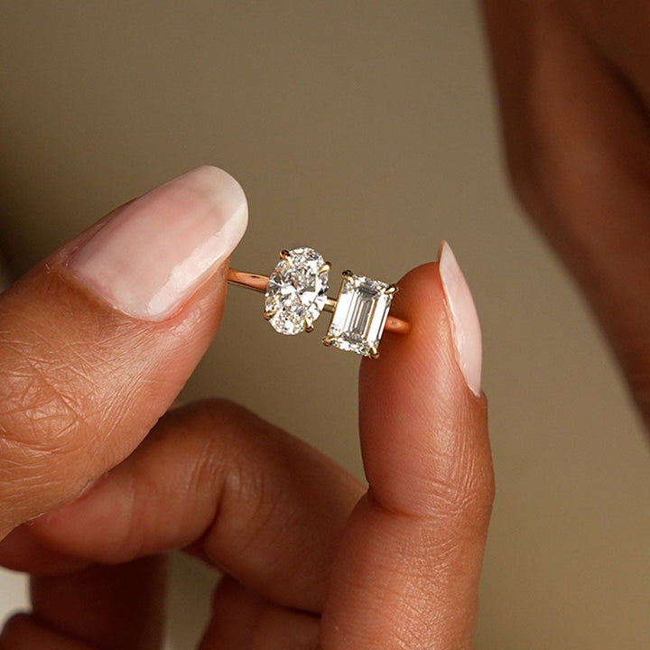 Toi et Moi Emerald Oval Cut Lab Grown Diamond Ring
