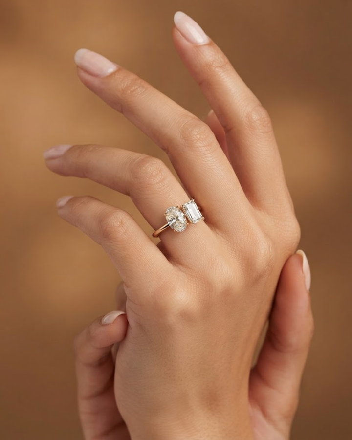 Toi et Moi Emerald Oval Cut Lab Grown Diamond Ring