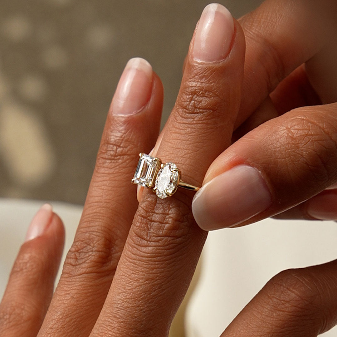 Toi et Moi Emerald Oval Cut Lab Grown Diamond Ring