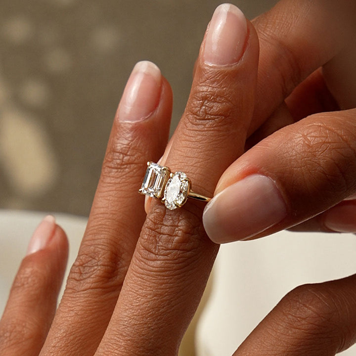 Toi et Moi Emerald Oval Cut Lab Grown Diamond Ring
