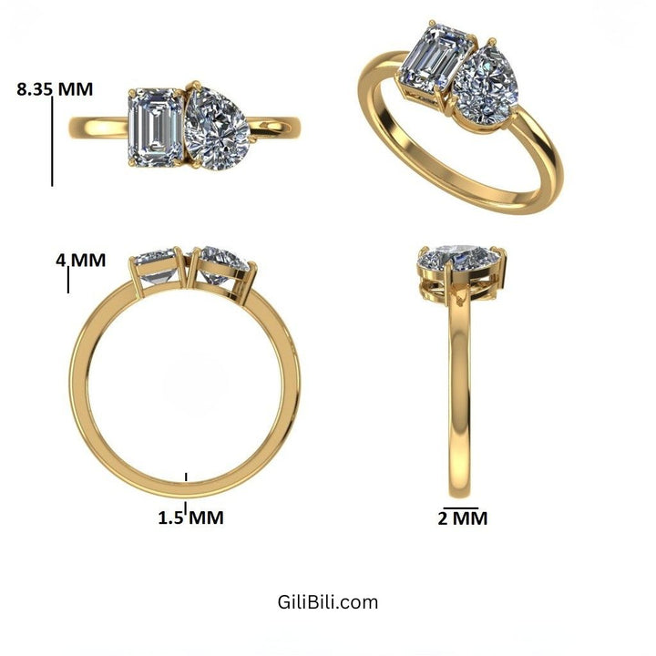 Toi et Moi Pear Shaped And Emerald Cut Lab Diamond  Ring