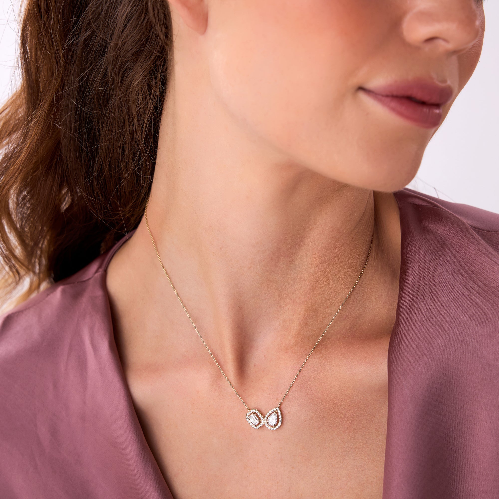 Toi et Moi Pear and Emerald Cut Halo Set Necklace