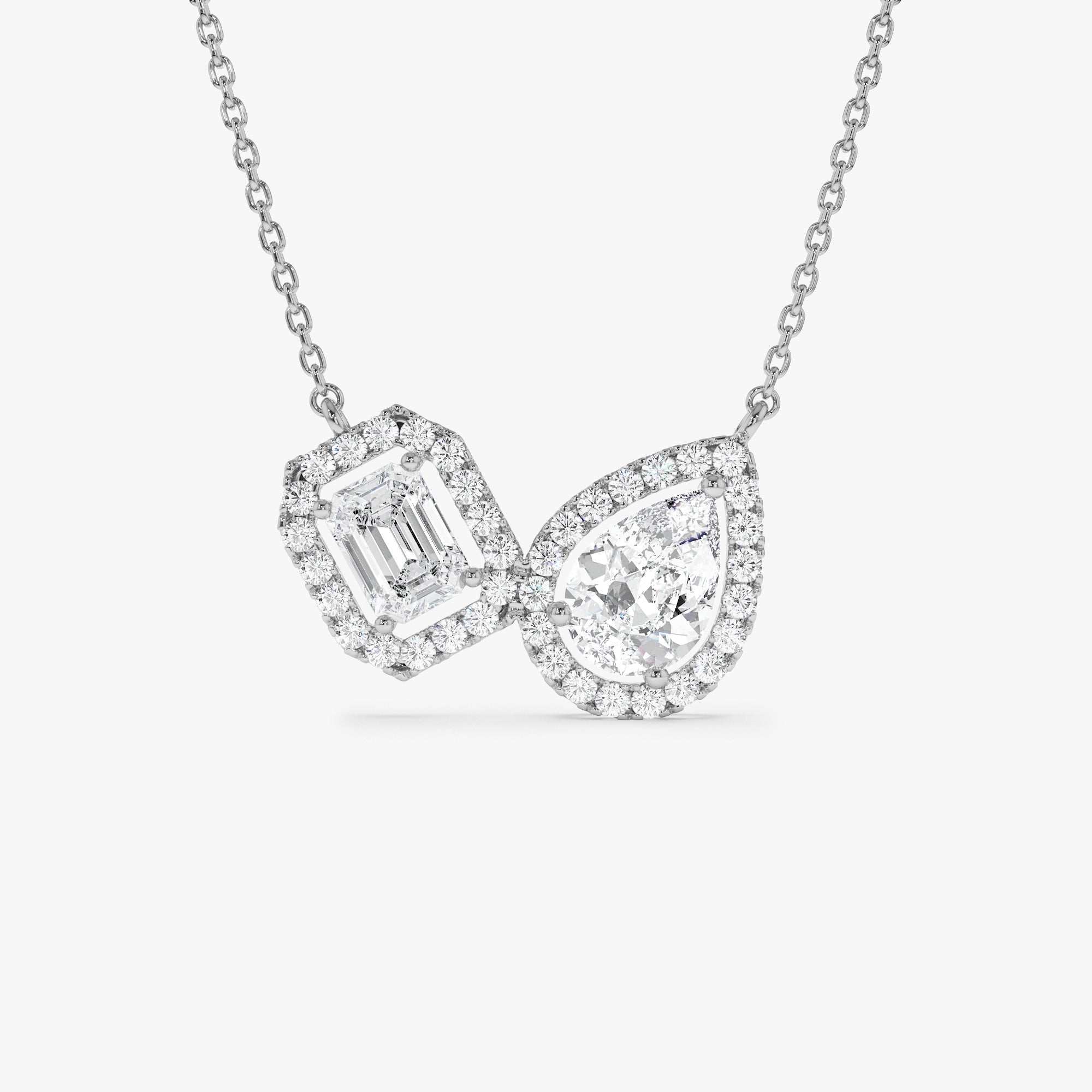 Toi et Moi Pear and Emerald Cut Halo Set Necklace