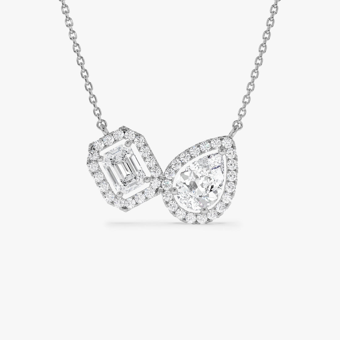 Toi et Moi Pear and Emerald Cut Halo Set Necklace