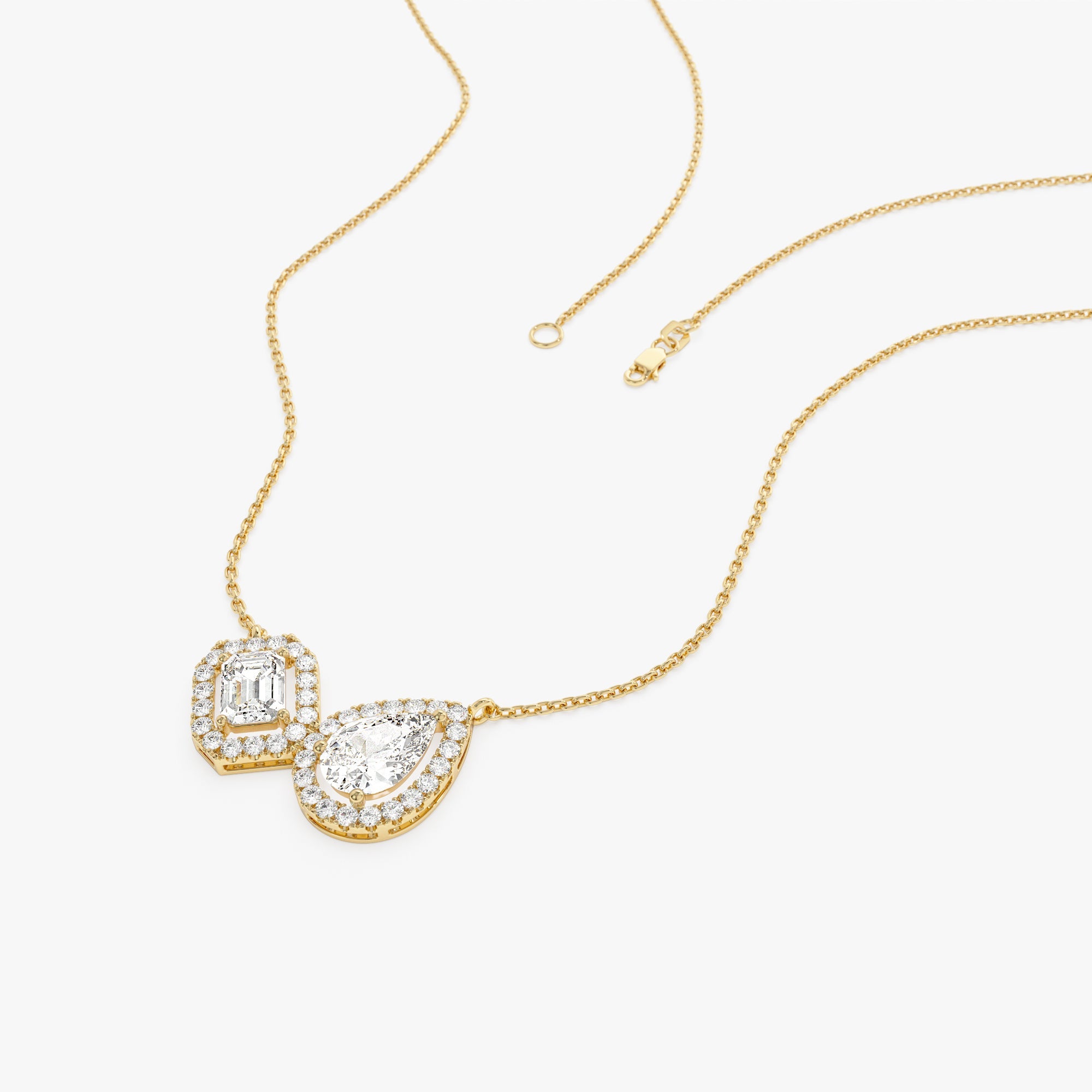 Toi et Moi Pear and Emerald Cut Halo Set Necklace