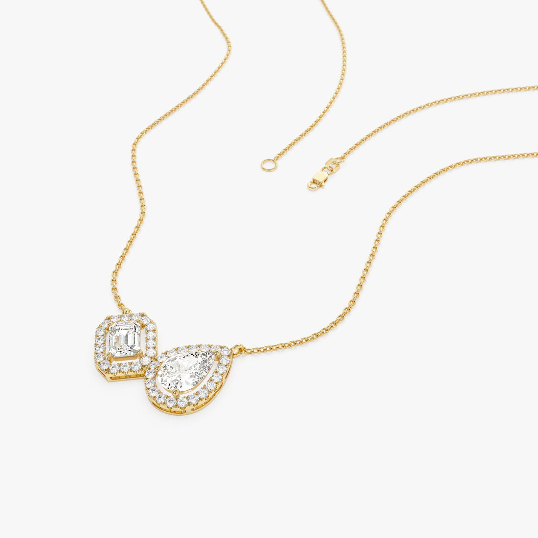 Toi et Moi Pear and Emerald Cut Halo Set Necklace