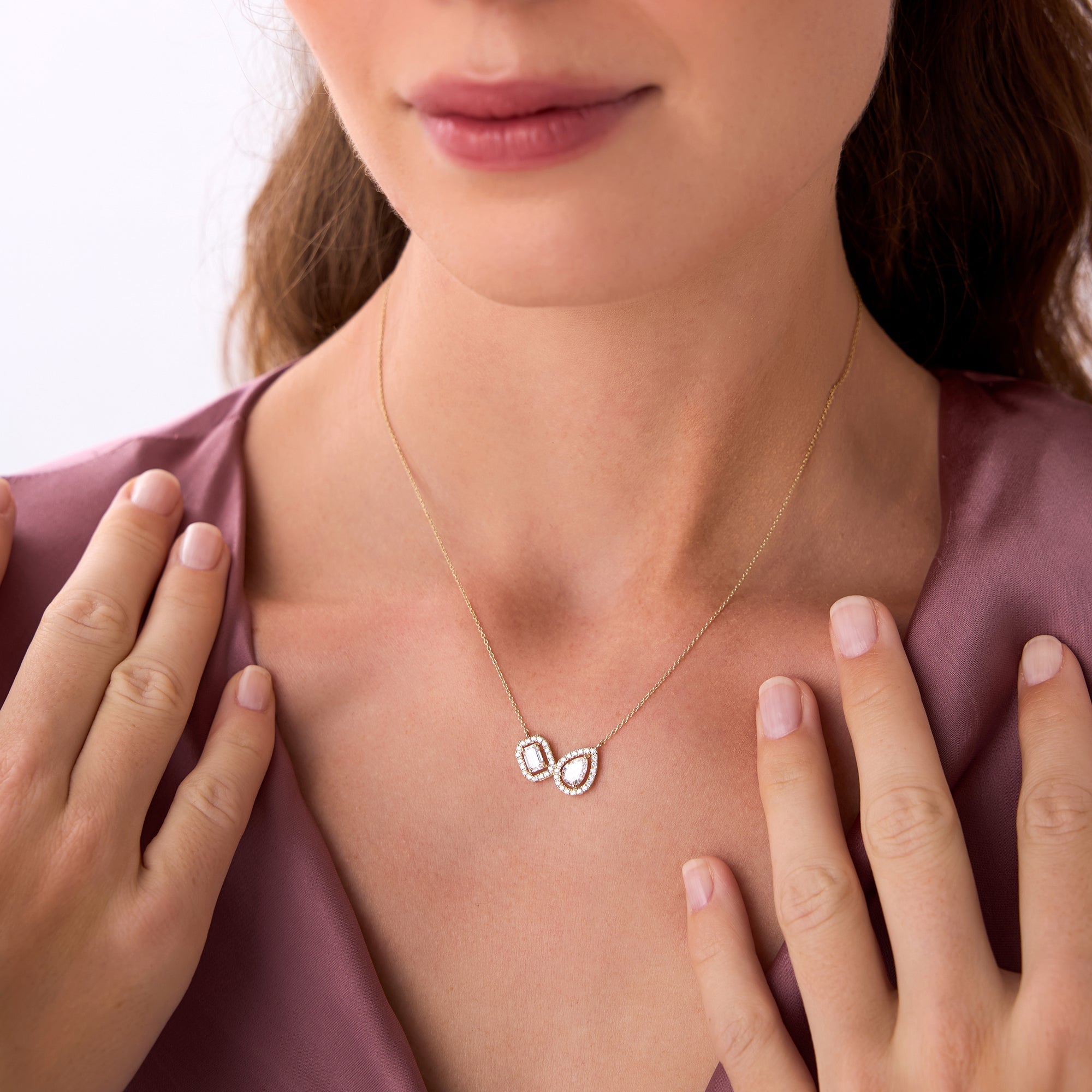 Toi et Moi Pear and Emerald Cut Halo Set Necklace