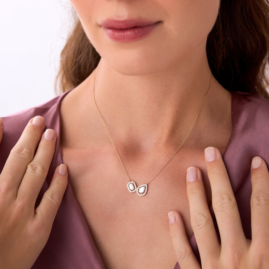 Toi et Moi Pear and Emerald Cut Halo Set Necklace