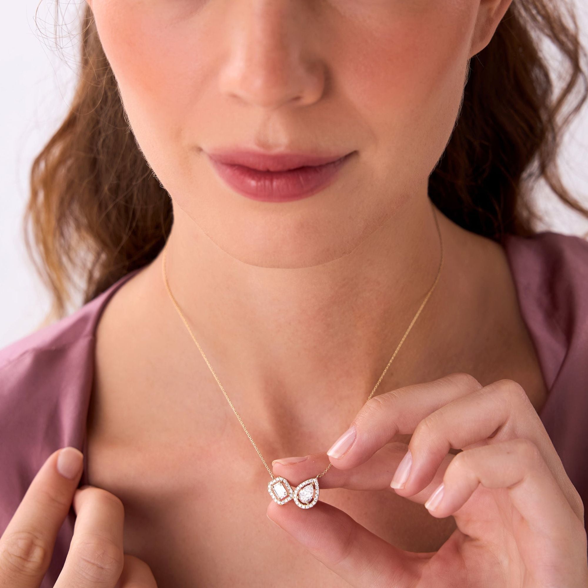 Toi et Moi Pear and Emerald Cut Halo Set Necklace