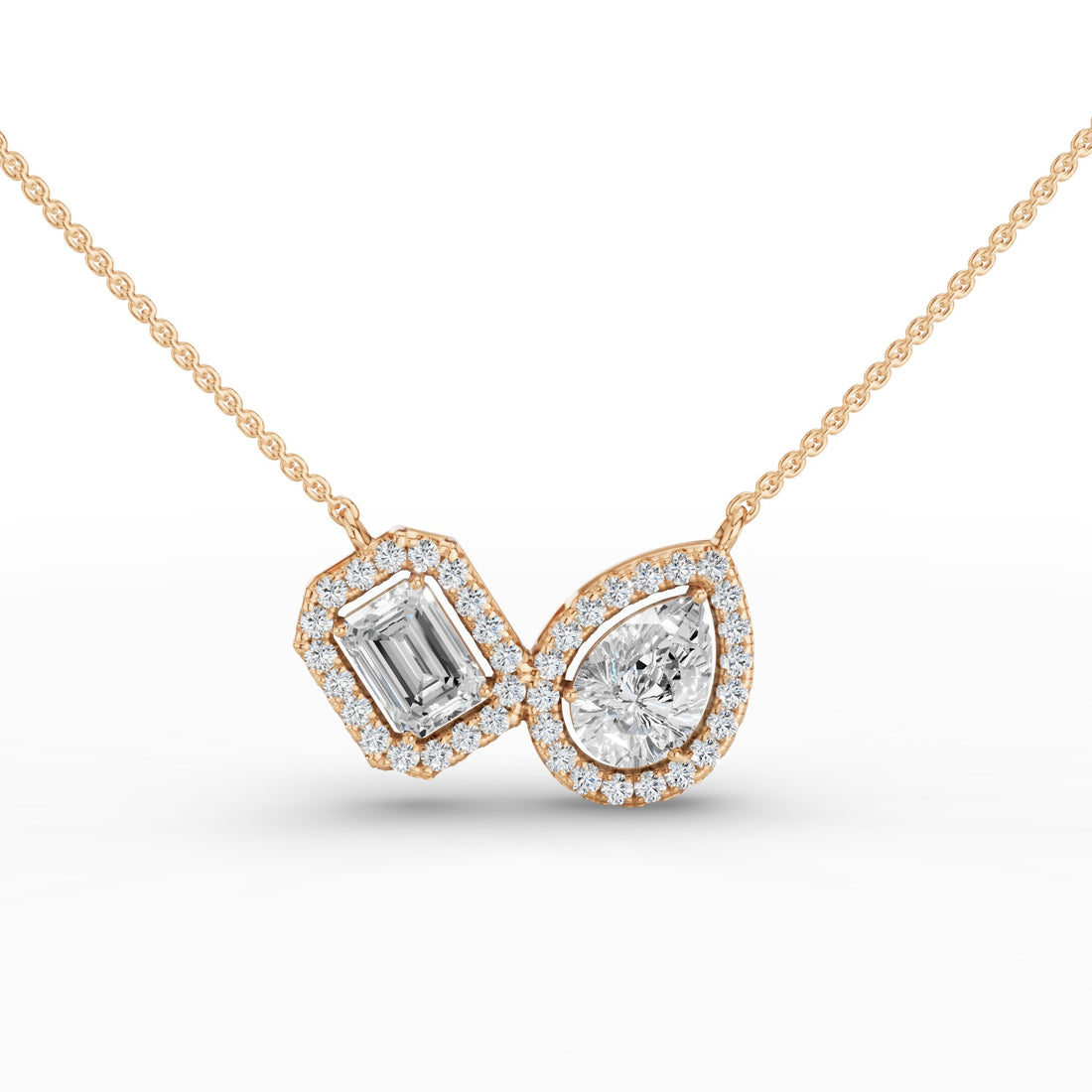 Toi et Moi Pear and Emerald Cut Halo Set Necklace