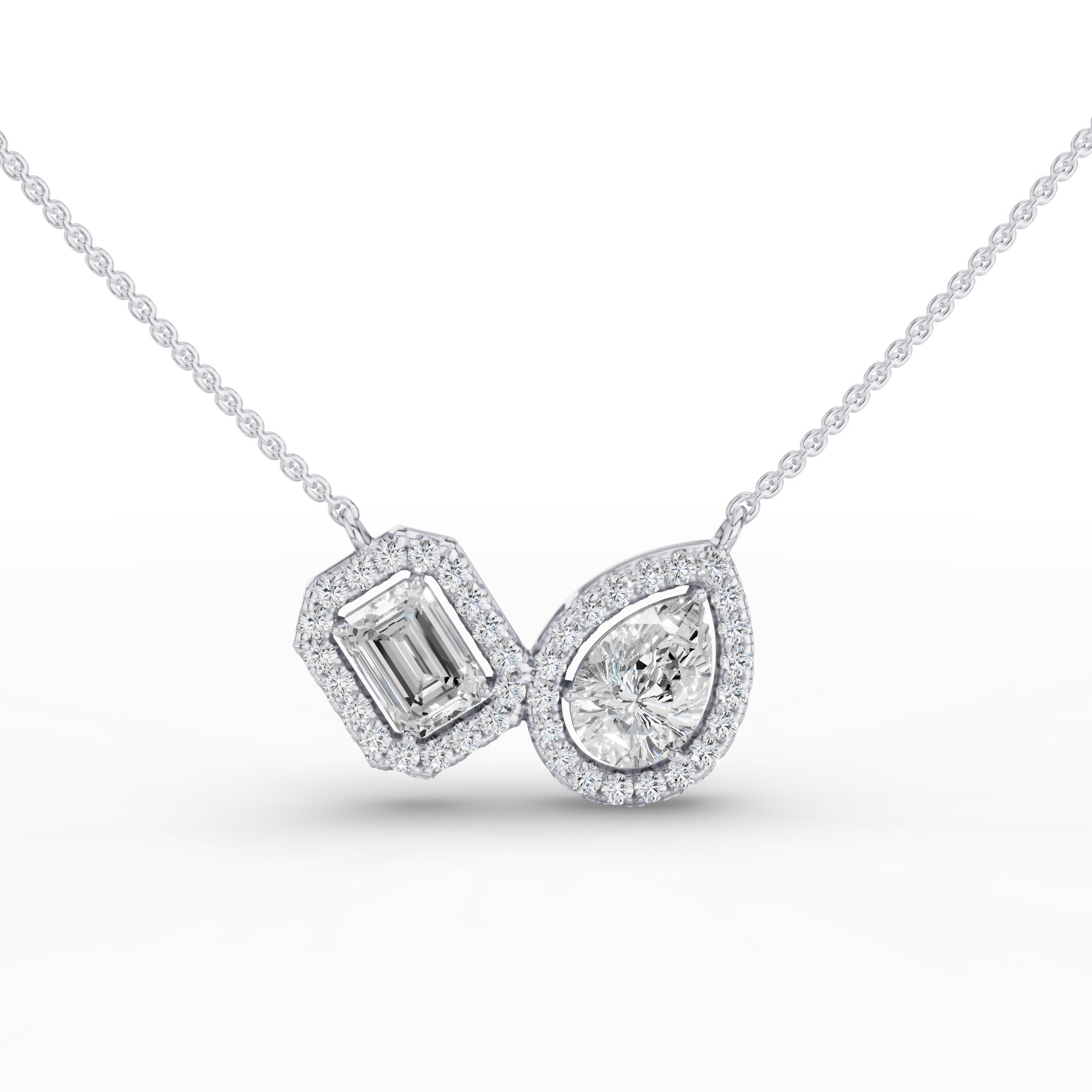 Toi et Moi Pear and Emerald Cut Halo Set Necklace
