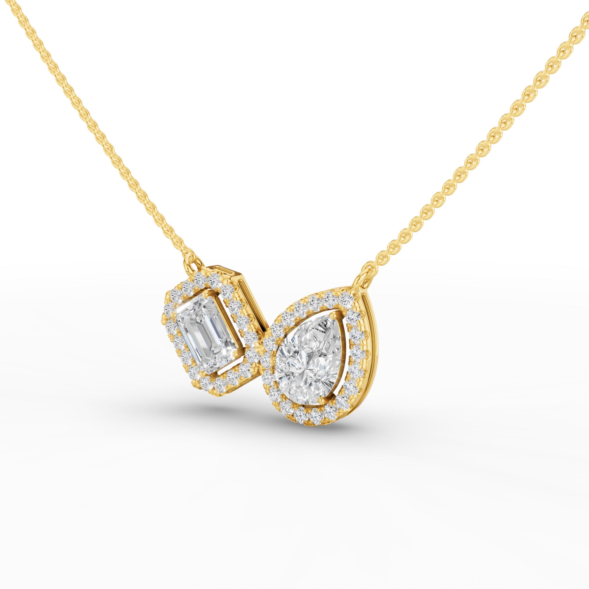 Toi et Moi Pear and Emerald Cut Halo Set Necklace