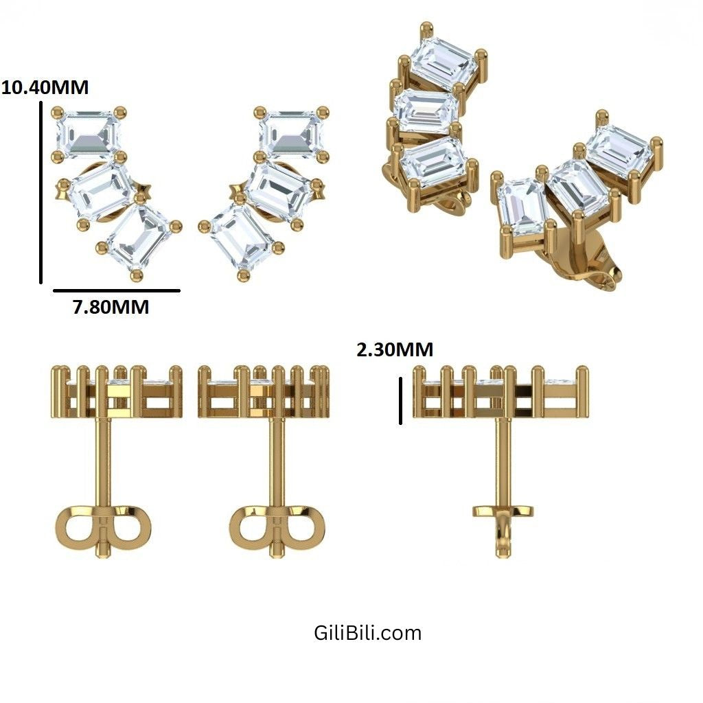 Triple Emerald Cut Diamond Stud Earrings