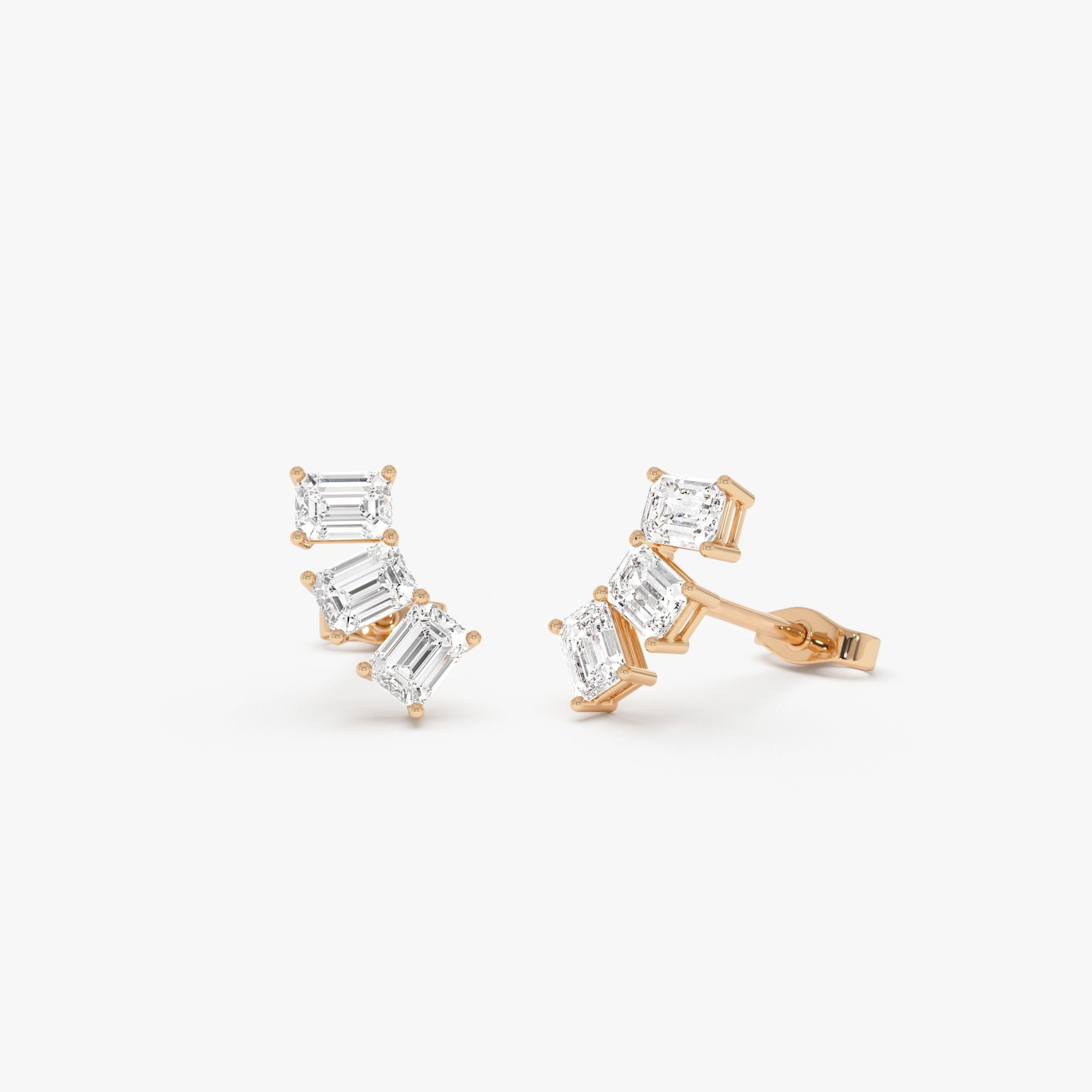 Triple Emerald Cut Diamond Stud Earrings
